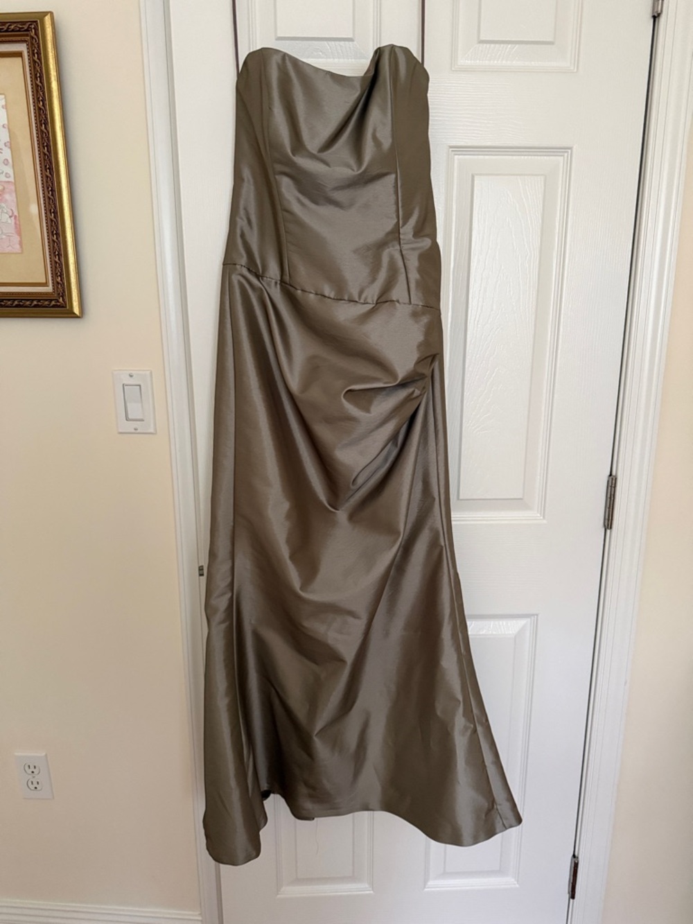 Amsale Strapless Satin Gown in Taupe